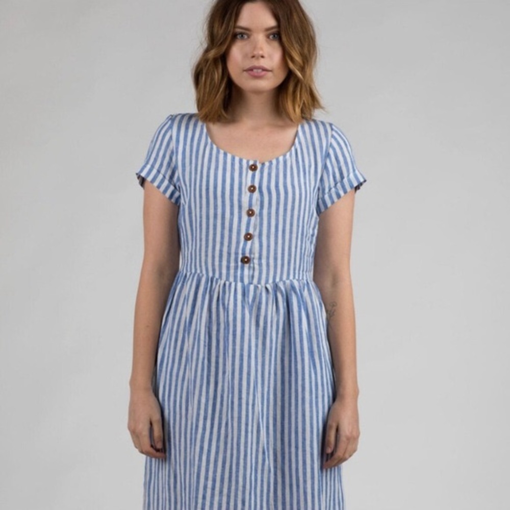 XS Pyne and Smith Blue White Stripe Linen Dress